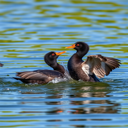 Capture two coots engaging in a splash fight on a calm lake, using a Canon EOS 5D Mark IV, with a 70-200mm lens, aperture set to f/4, shutter speed at 1/500 sec, ISO 400, in natural light to enhance texture and detail in the water and feathers.