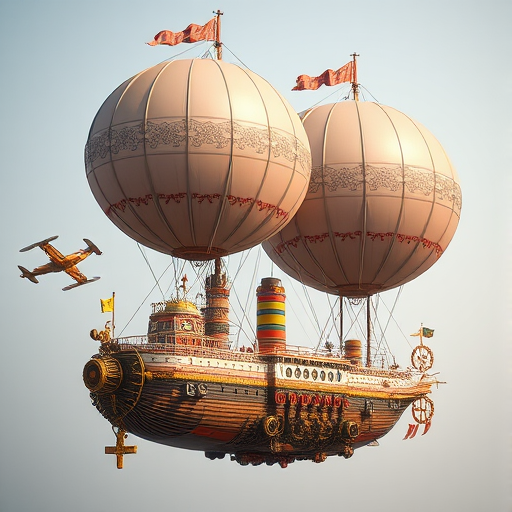 steampunk airship with two large balloons, intricate details on the ship's hull and sails, vibrant colors, soft diffused lighting, shot with a DSLR camera at f/2.8, ISO 100, 1/250s shutter speed, from a slightly elevated angle to capture the full structure and details, realistic artistic style