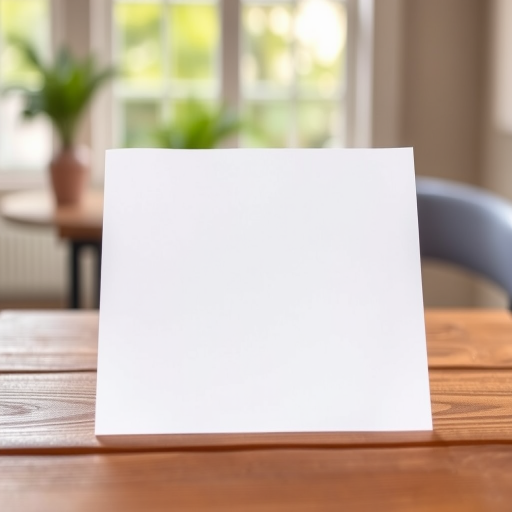Create an image of a blank piece of paper on a wooden table with natural lighting, using a DSLR camera, aperture f/2.8, ISO 200, and a focal length of 50mm for sharp detail and soft background blur.