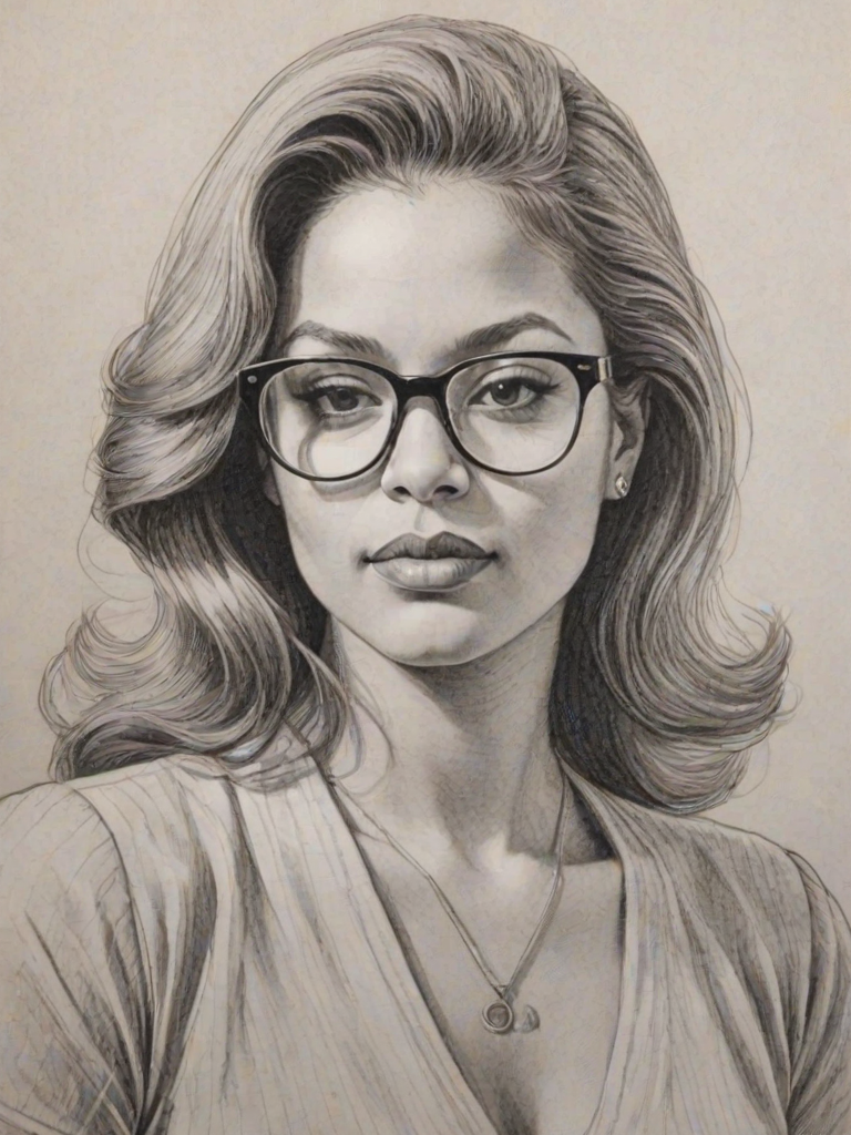 Exquisite Mo'Nique, pencil sketch, portrait of Elegant woman 1977s in glasses, hair style beatnik, outline, clear lines, fine lines, 8k