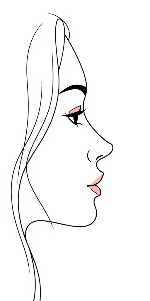 Create a minimalist line art illustration of a face in profile with smooth, continuous lines on a white background, camera settings: f/2.8, ISO 100, shutter speed 1/125s, camera view: close-up, camera style: artistic, camera type: DSLR.