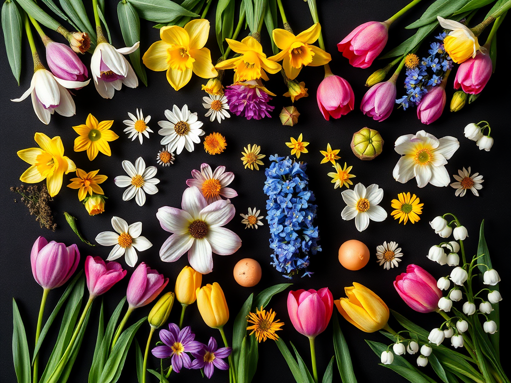 Create a vibrant illustration of various flowers including crocuses, daisies, daffodils, hyacinths, tulips, and lily of the valley arranged in a grid format on a black background, use a Canon EOS R5 camera with an aperture of f/4, a shutter speed of 1/200 sec, ISO 100, and shoot from a top-down view to enhance the floral details and colors.