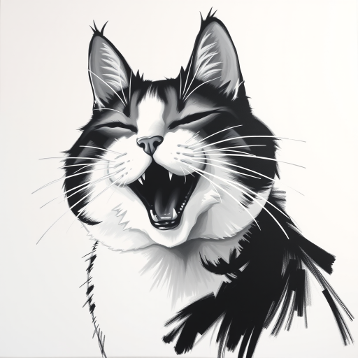 Abstract black and white acrylic portrait of an over exaggerated laughing (cat). Minimalism style. White background.