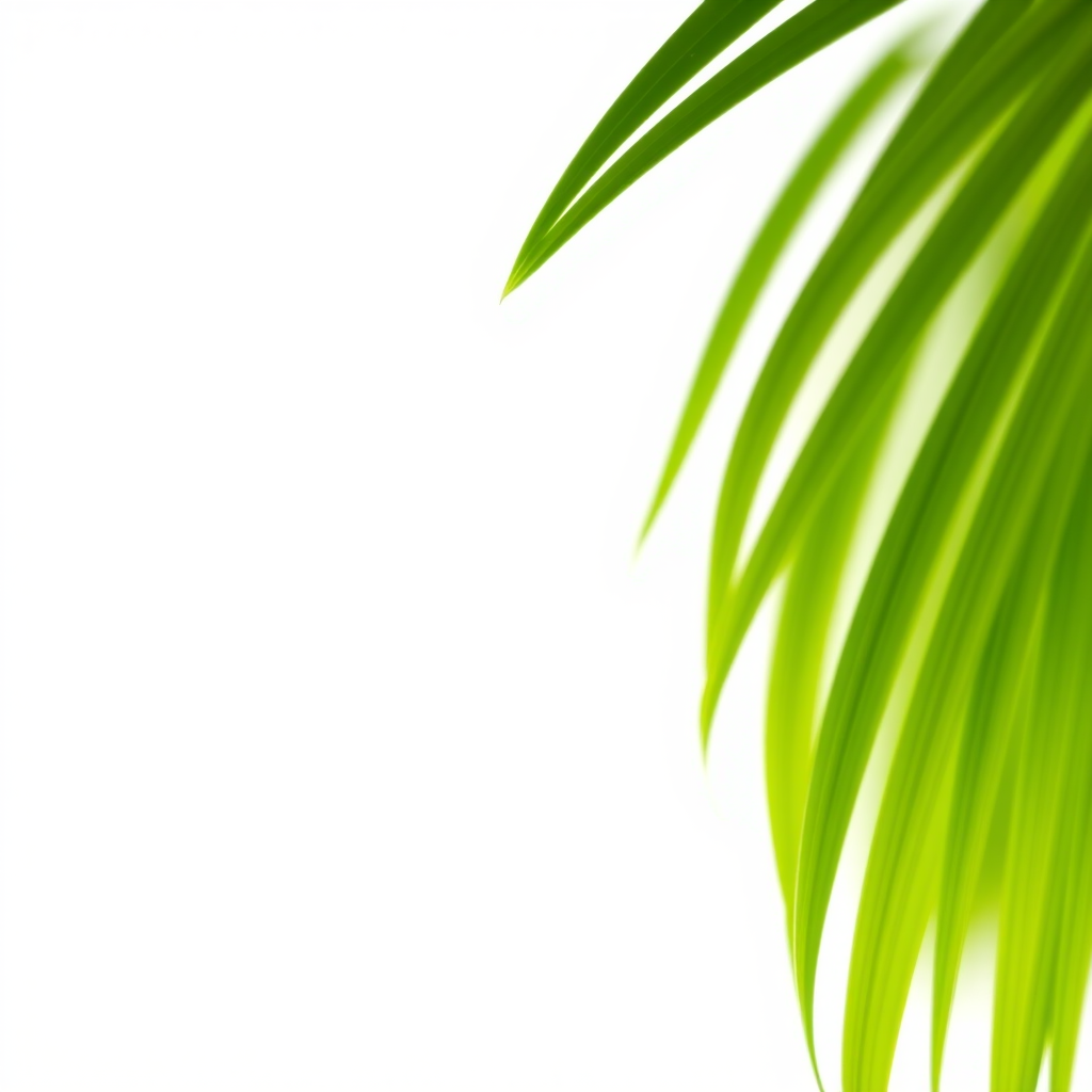 Create a high-resolution image of a vibrant green palm leaf on a white background using a DSLR camera, 50mm lens, f/2.8 aperture, ISO 100, natural lighting, and macro photography style.