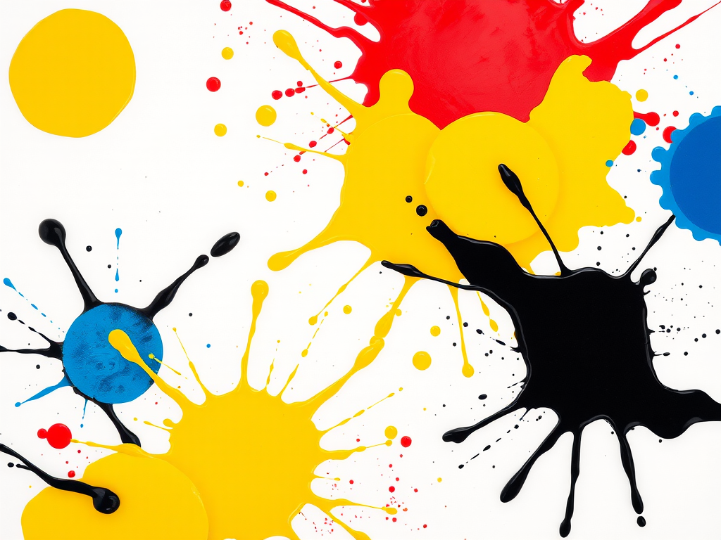 Create a vibrant abstract art image featuring splashes of yellow, red, blue, and black paint on a white background using a DSLR camera with a 50mm lens, f/2.8 aperture, 1/125s shutter speed, and ISO 200, capturing a top-down view in high resolution.