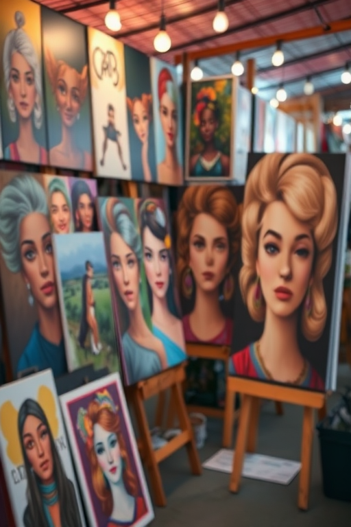 regenerate an image of an art market stall displaying colorful paintings and vibrant portraits with a Canon EOS 5D Mark IV, 50mm lens, aperture f/1.8, ISO 400, natural lighting, shot from eye level for a rich detail and depth of field effect