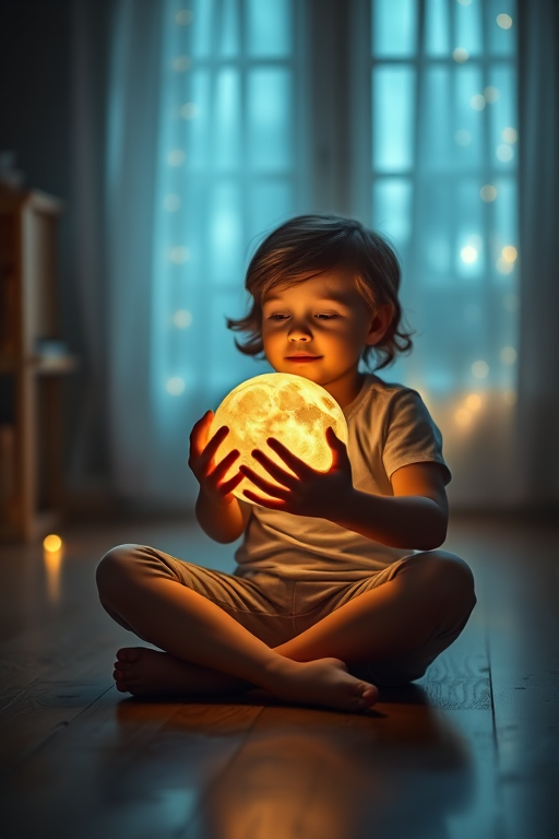 A child sitting cross-legged on a wooden floor in a dimly lit room, gently holding a glowing moon, surrounded by sparkling light orbs, shot in a soft focus with a Canon EOS 5D Mark IV, 50mm lens, f/2.8 aperture, ISO 400, 1/60s shutter speed, natural light atmosphere.