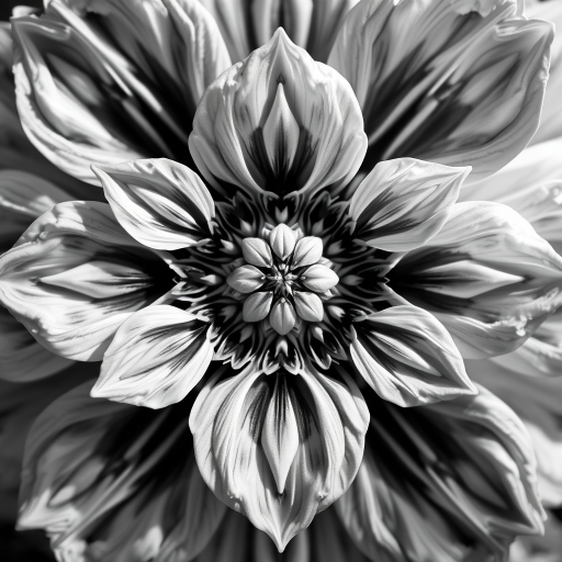 Generate an image of an intricate floral design in black and white, using a DSLR camera with a 50mm lens set at f/1.8, ISO 100, 1/200s shutter speed, in a top-down view, with natural light to enhance texture and detail.