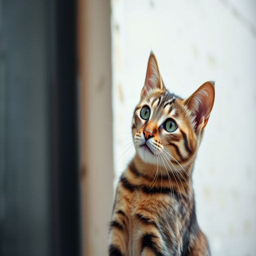 Create a high-resolution image of a tabby cat leaning against a wall with a curious expression, shot with a Canon EOS R5 at f/2.8, ISO 100, 85mm lens, in natural light, using a shallow depth of field to emphasize the cat while softly blurring the background.
