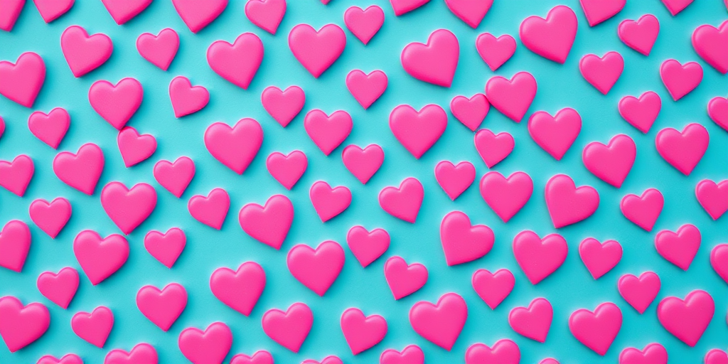 Create a repeating pattern of small pink hearts on a turquoise background with a Canon EOS 5D Mark IV, 50mm lens, f/8 aperture, ISO 100, and a soft focus style for a vibrant yet gentle look.