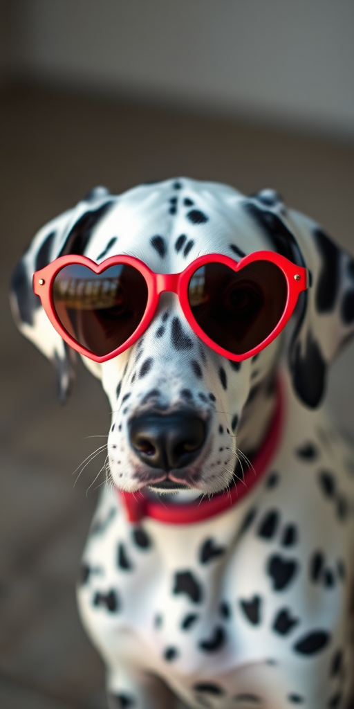 Dalmatian dog wearing heart-shaped sunglasses, soft natural lighting, portrait view, shallow depth of field, DSLR camera, f/2.8 aperture, ISO 200, 50mm lens.