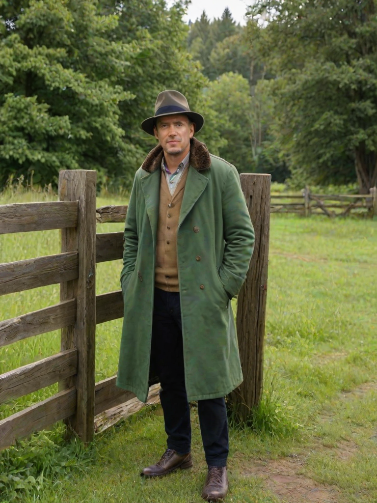 A man wearing a fur-lined hat and a green coat stands by a wooden gate in a grassy field, surrounded by lush greenery.