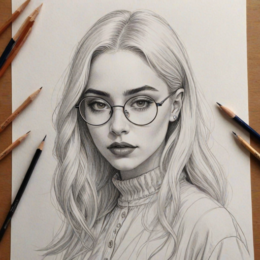 Exquisite Ava Max, pencil sketch, portrait of Sublime woman 1923s in glasses, hair style beatnik, outline, clear lines, fine lines, 8k