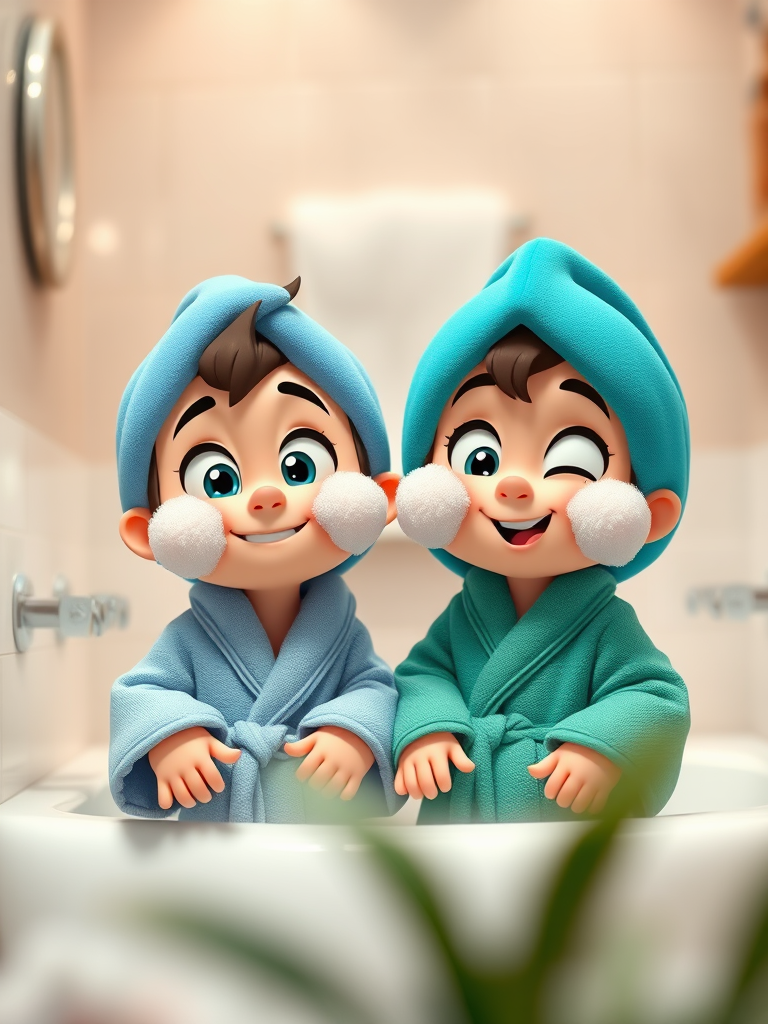 Create an image of two cartoon characters with playful expressions, one wearing a blue robe and the other in a green robe, both with fluffy soap suds on their chins, in a cozy bathroom setting, shallow depth of field with a soft focus background, use a Canon EOS R5 camera with an aperture of f/2.8, ISO 100, 24mm lens for vibrant colors and high detail in the foreground.