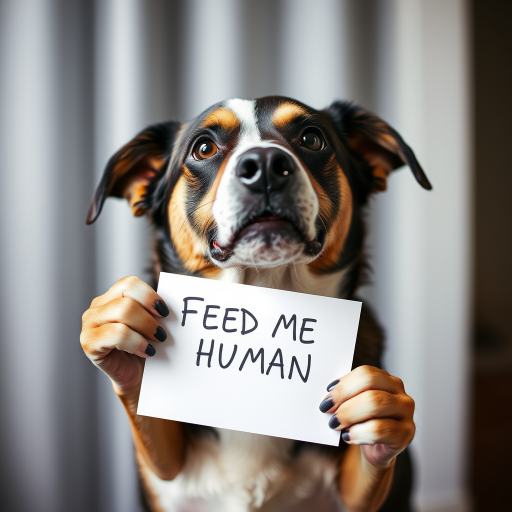 dog holding a note which says "FEED ME HUMAN"