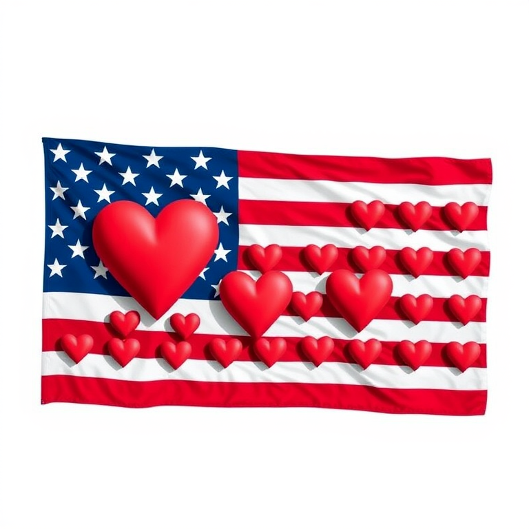 Create an image of the American flag featuring hearts instead of stars, high-resolution, shot with a DSLR camera at f/8, ISO 100, 50mm lens, top-down view, bright lighting, graphic illustration style.