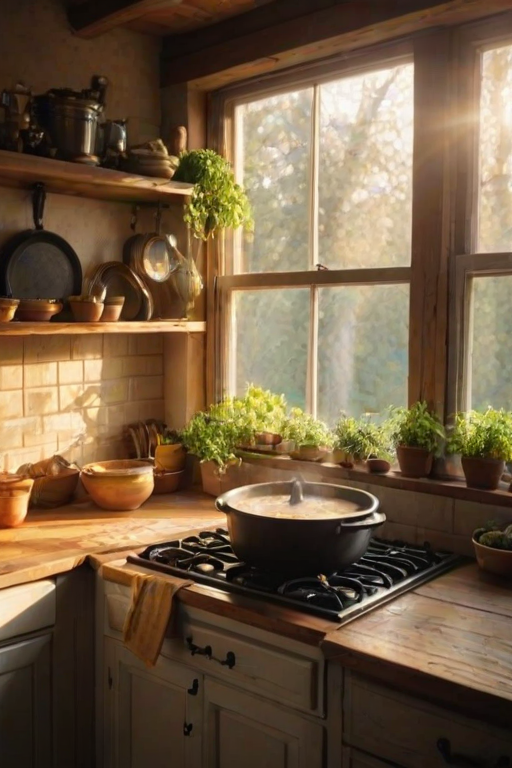 Warmly lit photo of a rustic kitchen, with a pot of soup simmering on a stove, soft golden light from a nearby window illuminating the wooden countertops and fresh herbs scattered around.