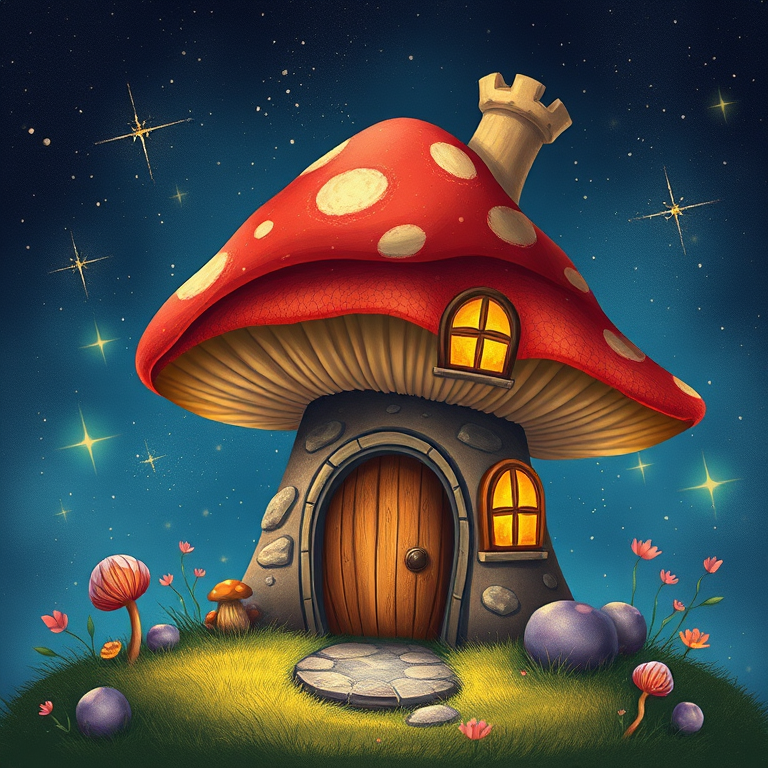 design illustration of a mushroom house with a door and a window, a storybook , fantasy art, mushroom house, bg starry sky, sparkles
