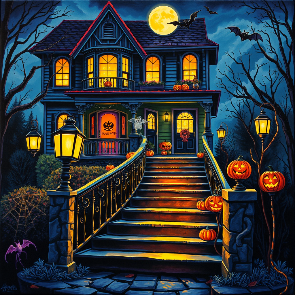 airbrushed oil painting, halloween theme, a haunted house, stairs, highly decorated, illuminated, lanterns, jack o'lantern, bats, webcobs