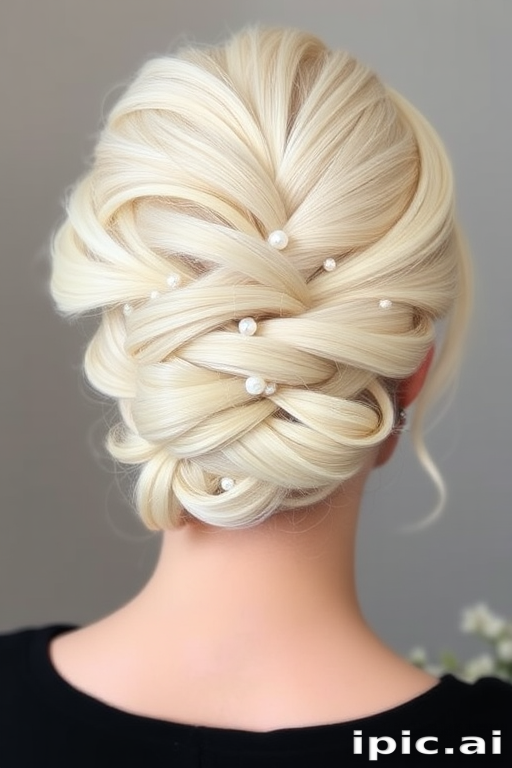 Elegant platinum blonde French twist adorned with delicate pearl pins, exuding sophistication and timeless grace, aptly named "Moonlit Serenade"