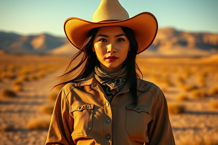 Dramatic photo of a beautiful Chinese woman, classic cowboy attire, confident and free spirit expression, half-length portrait, centered, golden hour desert landscape, warm, diffused light, low angle, medium format film camera, in style of Annie Leibovitz.