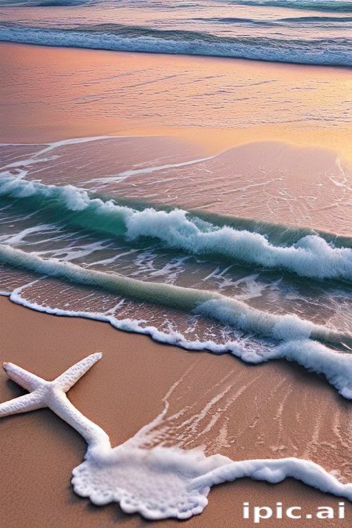 Serene Beach Scene at Sunset with Gentle Waves and Starfish