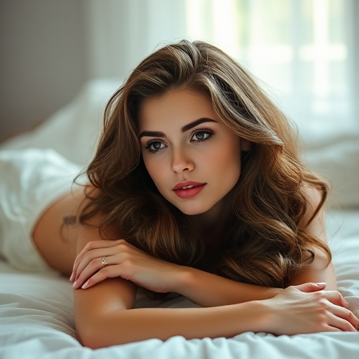 Regenerate the image of a woman with wavy hair lying on a bed with a contemplative expression, captured with a Canon EOS R5, 50mm lens, f/1.8 aperture, ISO 200, natural light from a window to enhance softness and detail.