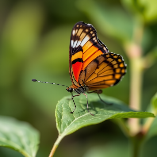 photograph of a butterfly perched on a green leaf, focus on vibrant colors and details, taken with a DSLR camera, 50mm lens, aperture f/2.8, ISO 100, natural light, shallow depth of field, macro view