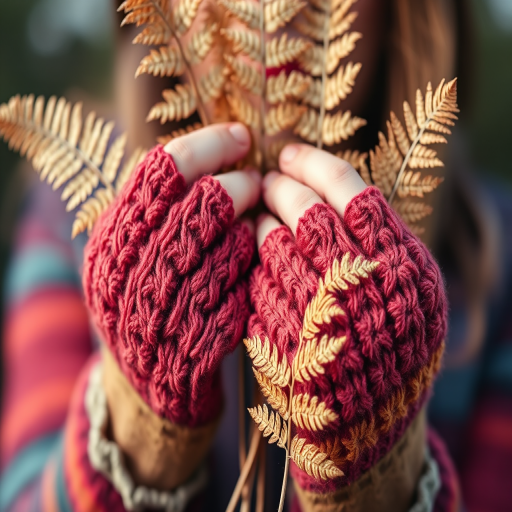 Close-up of dried fern leaves held by a person wearing colorful fingerless gloves, shallow depth of field, soft natural lighting, aperture f/2.8, ISO 100, focal length 50mm, DSLR camera, macro photography style.