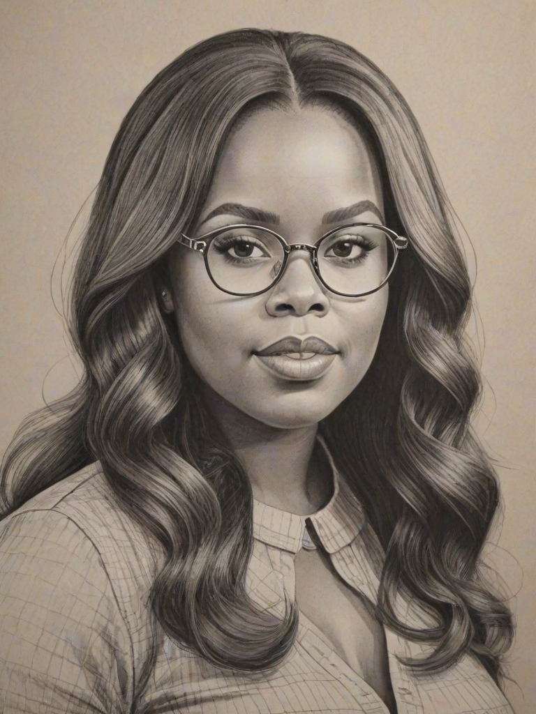 Enchanting Amber Riley, pencil sketch, portrait of Bewitching woman 1968s in glasses, hair style beatnik, outline, clear lines, fine lines, 8k