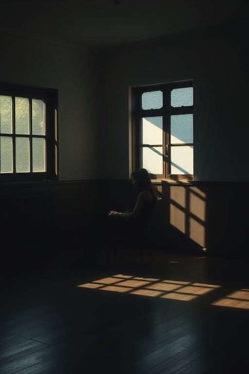 A dimly lit room with a single figure sitting in a chair, shadows casting dramatic patterns, natural light streaming in from a window, soft focus lens, f/1.8 aperture, ISO 200, 35mm lens, DSLR camera, backlighting effect to enhance mood and detail.