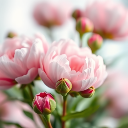 Regenerate a soft-focus watercolor painting of blooming peonies and buds with a serene background, using a Canon EOS R5, 50mm f/1.2 lens, f/2.8 aperture, ISO 100, and a shallow depth of field for enhanced texture and color vibrancy.
