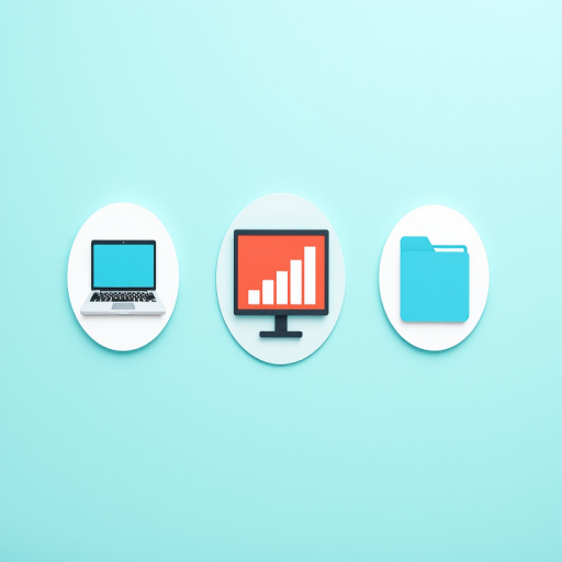Create an image of three circular icons representing a laptop, a graph monitor, and a folder on a light turquoise background, using a DSLR camera with a 50mm lens at f/2.8, 1/100s shutter speed, and ISO 200 for sharpness and vivid colors, in a clean, modern, flat design style.
