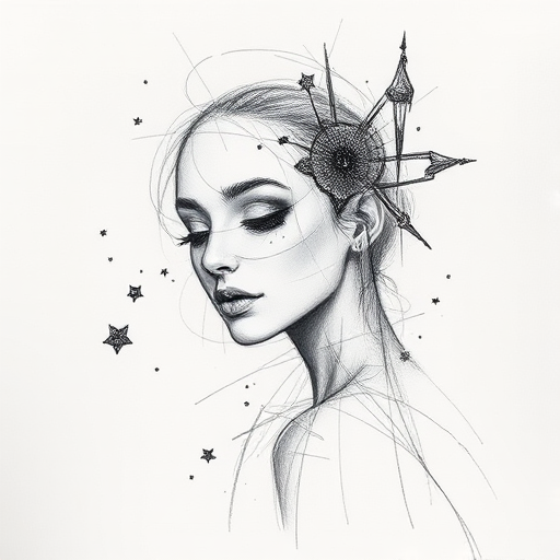 Sketch-style tattoo titled "Artistic Reverie" featuring loose pencil-like strokes and incomplete lines creating an unfinished aesthetic with a mix of detailed and abstract elements