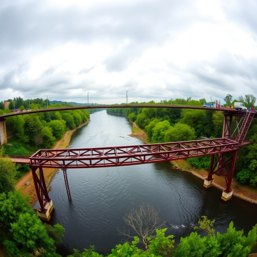 Capture a panoramic view of a river with a steel bridge in the foreground, overcast skies, vibrant greenery along the riverbanks, medium depth of field, ISO 100, f/8 aperture, 1/250 sec shutter speed, shot with a DSLR camera using a wide-angle lens.