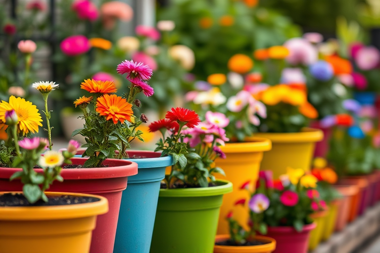 A vibrant garden scene featuring colorful flower pots in various sizes filled with blooming flowers, taken with a Canon EOS R5 at f/2.8, ISO 100, 1/200s, in natural light with a shallow depth of field for a dreamy effect and soft bokeh in the background.