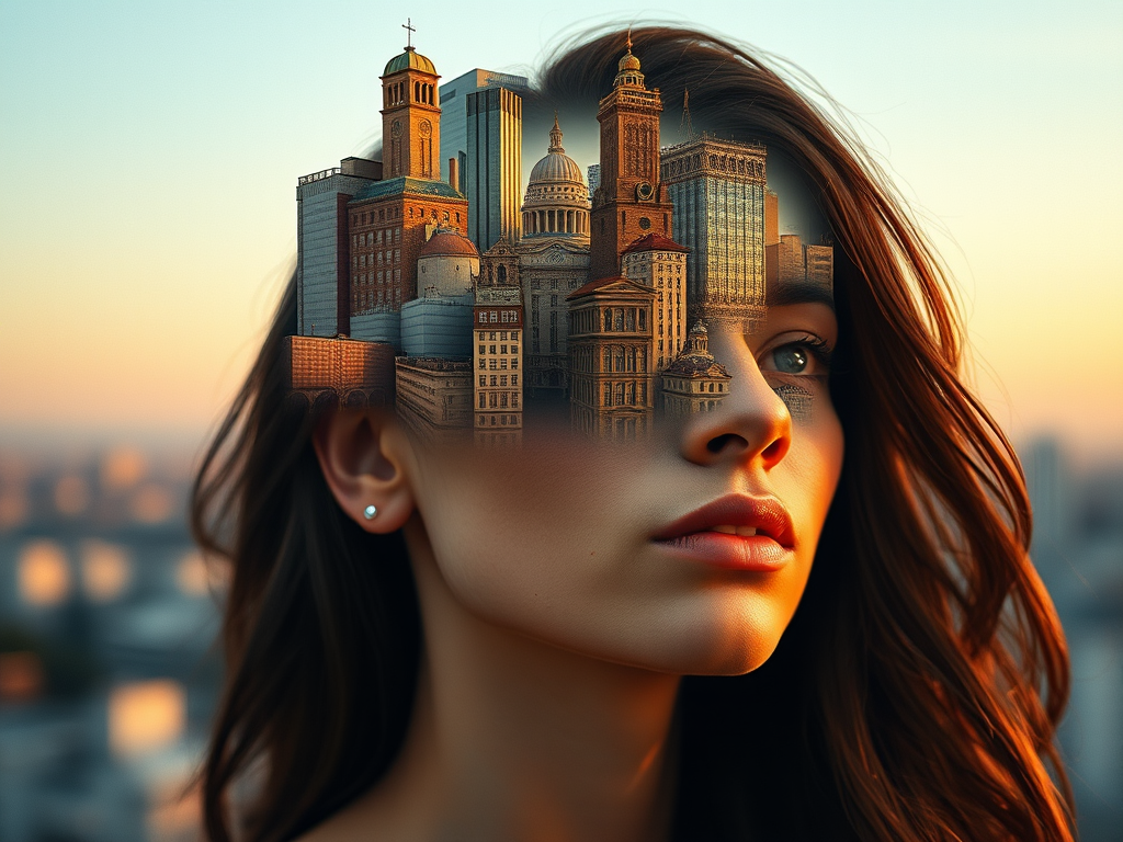 Create a surreal portrait of a woman with a cityscape emerging from her head, showcasing intricate architectural details, soft lighting, and warm color tones, captured with a Canon EOS R5, 50mm lens, f/1.8 aperture, ISO 100, in a golden hour setting for enhanced image quality.