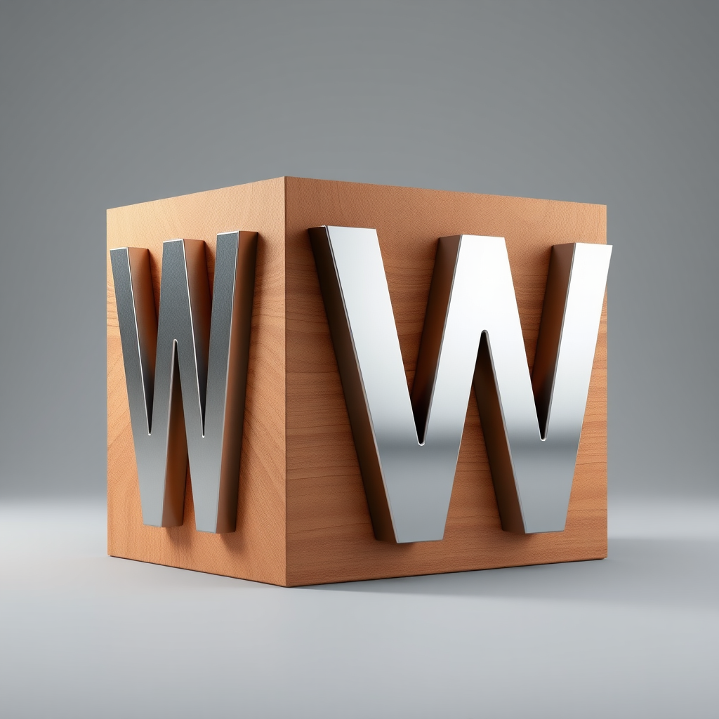 Create a hyper-realistic 3D rendering of a wooden cube with large metallic "W" letters on each side, using a Canon EOS 5D Mark IV with a 50mm f/1.8 lens, set at f/8, ISO 100, and a softbox lighting setup for even illumination.
