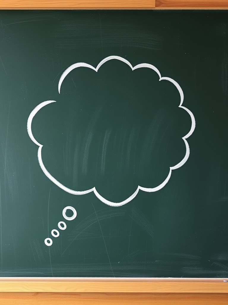 A chalkboard with a large blank thought bubble sketched in white, overhead shot, DSLR camera, aperture f/4, shutter speed 1/100s, ISO 200, natural lighting, focus on bubble, textured surface detail.