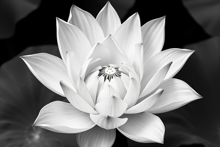 illustration of a detailed lotus flower in black and white, high contrast, sharp focus, f/8 aperture, 50mm lens, using a DSLR camera, top view angle, monochrome style