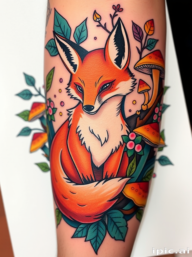 Neo-traditional tattoo named "Enchanted Forest" featuring a stylized fox surrounded by lush foliage and magical mushrooms, rendered in a palette of rich earthy tones and accented with pops of teal and gold, blending classic and contemporary tattoo styles