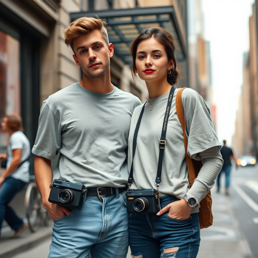 Capture a candid moment of two individuals in casual attire standing close together on a city street, with retro cameras hanging from their waists, using a full-frame DSLR with a 50mm lens, aperture set to f/2.8 for a shallow depth of field, ISO at 400, and a shutter speed of 1/125 sec, focusing on the dynamic urban background for enhanced detail and perspective.