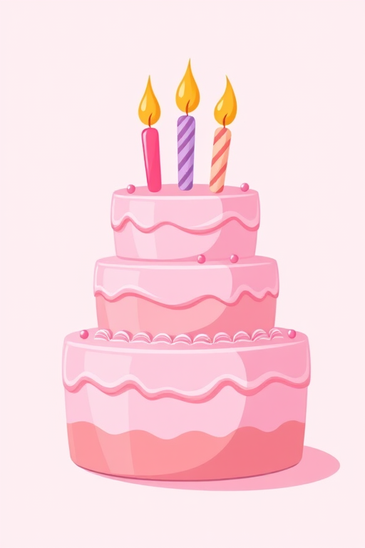 Create a whimsical cartoon-style illustration of a three-tiered pink birthday cake with three candles on top, using a high-resolution digital camera with a 50mm lens, f/2.8 aperture, ISO 100, and natural lighting for enhanced color vibrancy and sharpness.