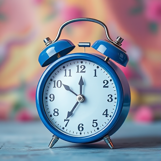 create a high-resolution illustration of a blue alarm clock with a shiny finish, set against a softly blurred colorful background, captured in a studio with a 50mm lens at f/2.8, ISO 100, and soft natural lighting to enhance details and vibrancy