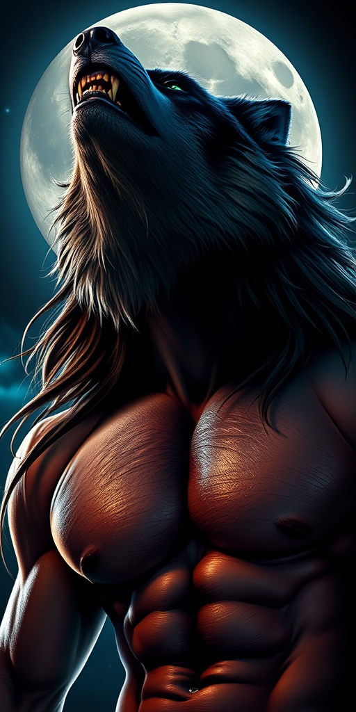 Create a high-resolution image of a muscular man transforming into a wolf, showcasing a dramatic half-human, half-wolf face, with long flowing hair, set against a large full moon in a night sky, using a DSLR camera with a 50mm lens, f/1.8 aperture, ISO 100, and a low angle view to enhance the imposing presence of the character.
