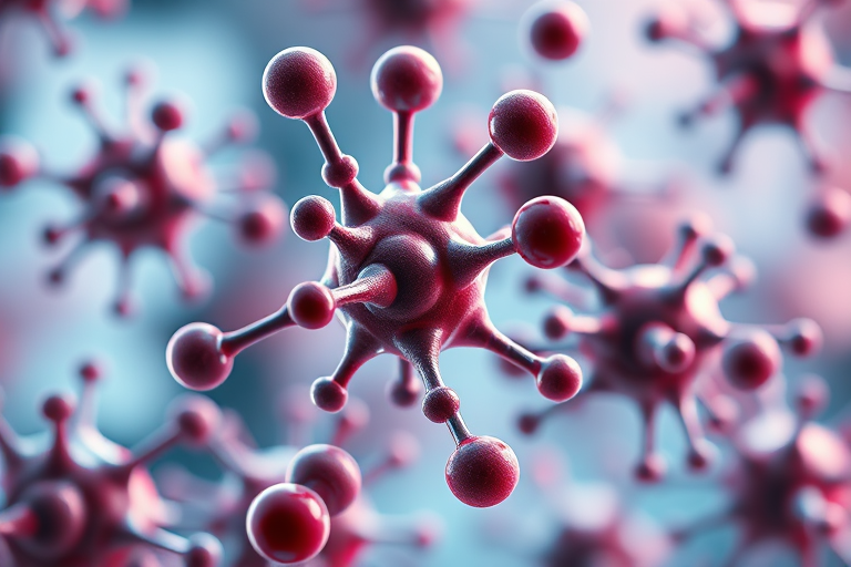 Generate a detailed illustration of molecular structures with varying sizes and positions, rendered in high resolution, using a macro lens on a DSLR camera, f/8 aperture, 1/100 sec exposure, with a soft focus background to enhance depth, capturing a scientific aesthetic.