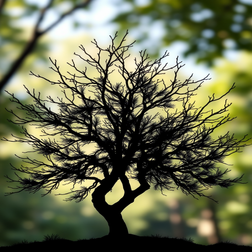 Create a high-resolution illustration of a minimalist black silhouette of an abstract tree with branches, captured with a 50mm lens at f/1.8, 1/250 sec, ISO 100, with a soft focus background and natural lighting for enhanced detail and contrast.