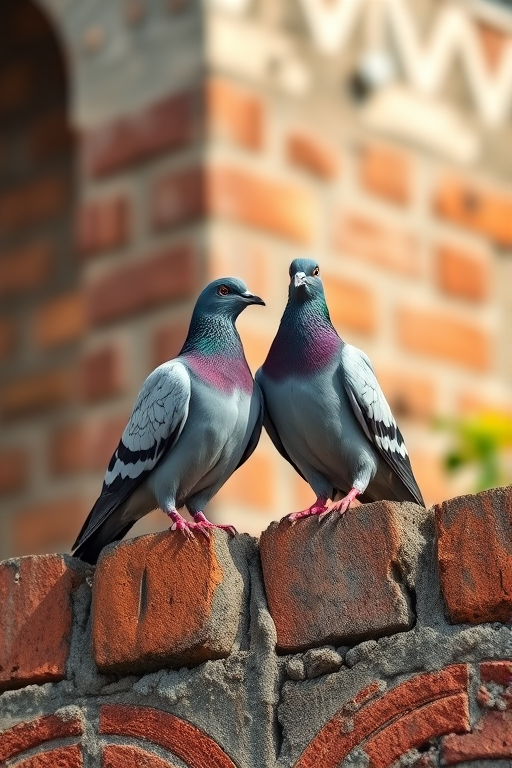Capture a close-up shot of two pigeons perched on a rustic brick wall, using a Canon EOS 5D Mark IV with a 50mm f/1.8 lens, aperture set to f/2.8, ISO 400, natural lighting for vibrant colors and sharp details, shallow depth of field for a soft background blur.