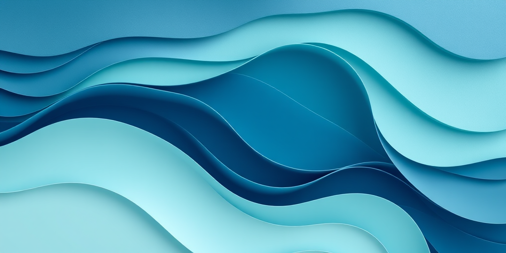 Create a layered abstract design featuring waves in various shades of blue and teal, focusing on smooth gradients and depth, captured with a DSLR camera at f/8, ISO 200, 24mm focal length, in a flat lay style for enhanced detail and clarity.