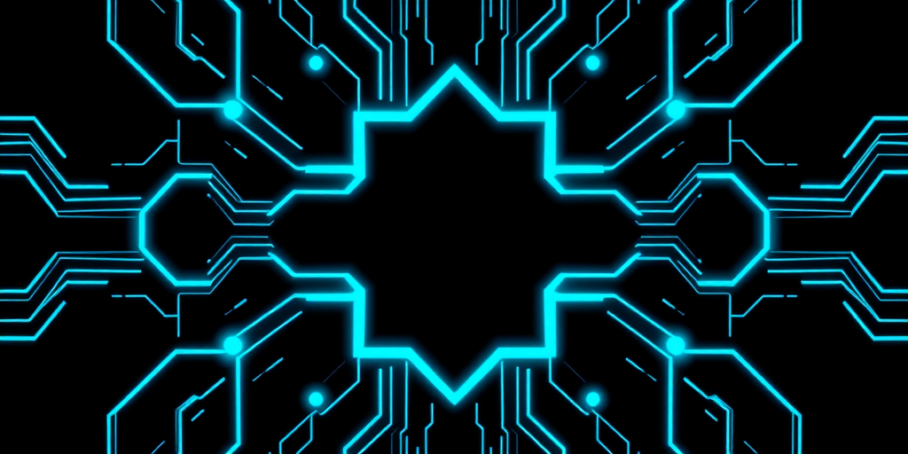 Generate a high-resolution abstract digital circuit pattern with a symmetrical layout featuring hexagonal shapes, glowing blue and teal lines on a dark background, captured with a DSLR camera at f/8, ISO 100, 24mm lens, in a top-down view with soft focus and enhanced contrast.